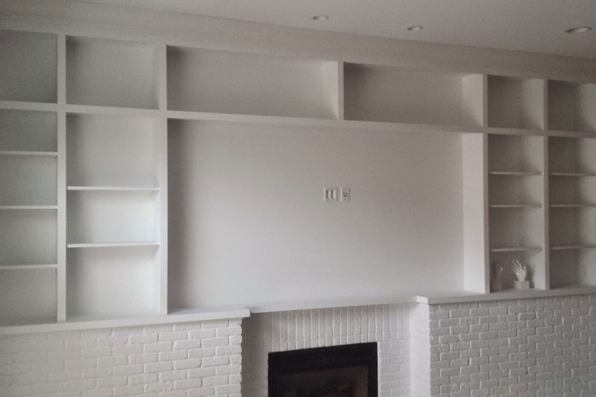 Updated Fireplace area with new shelving units